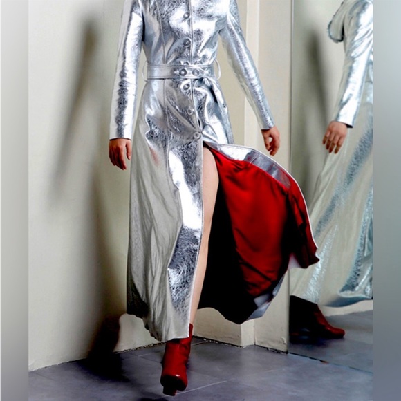 Silver Foxy Foil Trench with Inside Contrast Red Detailing, Belted - Picture 1 of 8